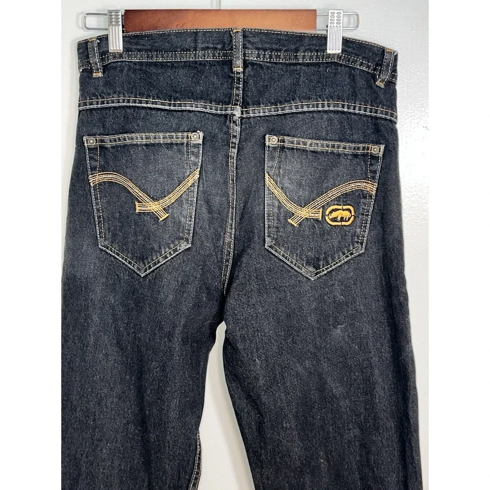 Ecko Unltd Vintage Y2K Black Baggy Skate Jeans 32x32 Embroidered Rhino Contrast